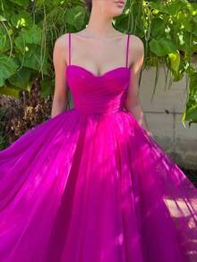 Women's Pink Off-Shoulder Long Dress Strap Skirt Solid Color Bow Mesh Dress Vestidos Elegantes De Mujer Vestidos De Fiesta De Noche For Spring Summer Ball Gowns Woman Formal Prom Dresses For High School Valentine's Day Outfit Graduation Party - 玫紅色 - 查看 3
