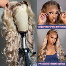 Ombre Ash Blonde Body Wave Lace Front Wigs Human Hair 200 Density Ash Blonde Dark Roots Wig Human Hair For Women Glueless 13x4 HD Lace Front Human Hair Wigs With Baby Hair Loose Wave Human Hair Wig For Daily Wear Party Use Valentine's Day Wig - 漸層棕色混合金色 - 查看 3