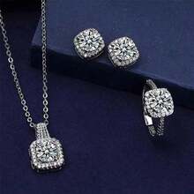 4pcs/Set Cuboid Shiny Zirconia Inlaid Stud Earrings & Pendant Necklace & Ring Elegant Luxury Style Delicate Female Gift - Bạc - Xem 2