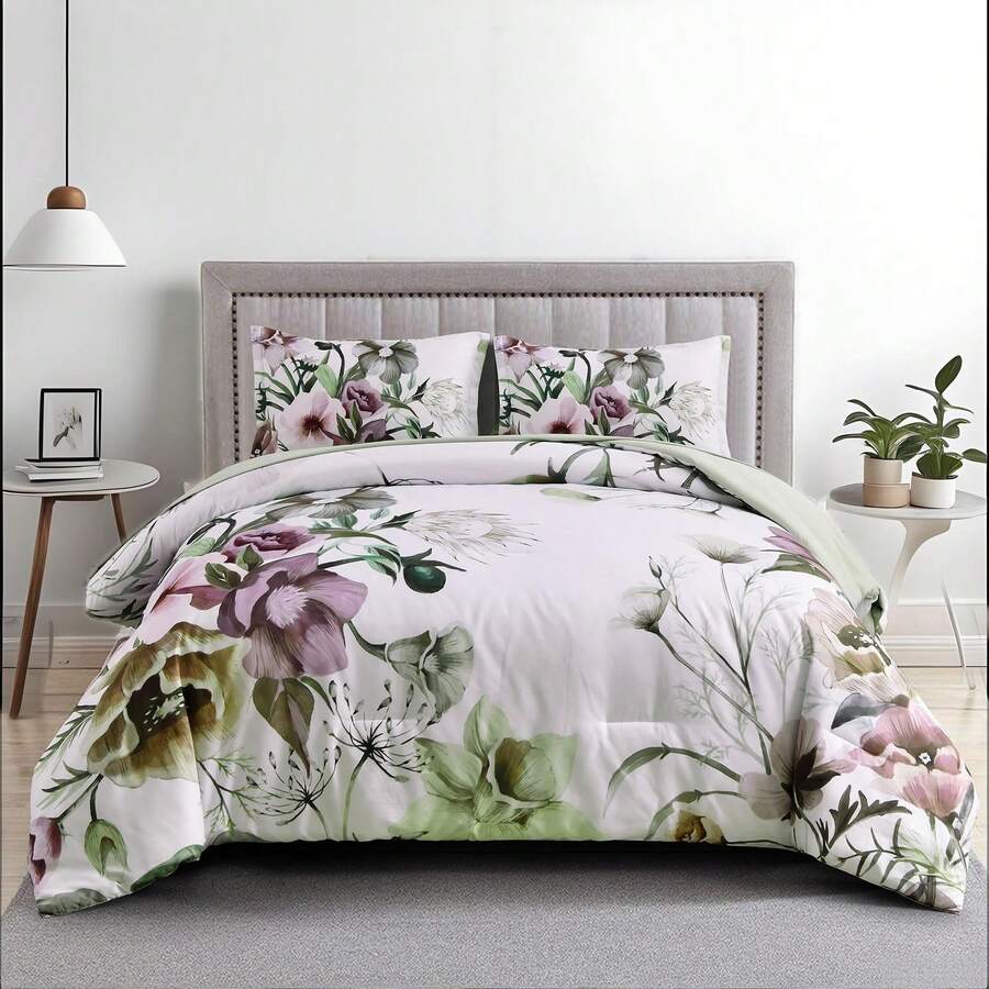 3 Pieces Blush/Green Floral Bed Room Comforter Sets Queen King, Boho Blush Floral Printed On White, Soft Microfiber Bedding Set For All Season (1 Comforter, 2 Pillowcases),Wedding Items,Valentines Day Home Bed Room Decor,Easter Gifts,Mothers Day Gift,All Season - 綠色花卉 - 查看 1