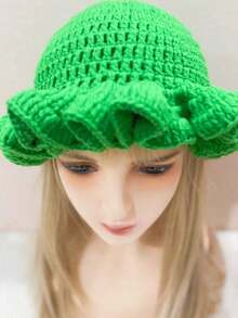 1pc Women Handmade Crochet Ruffle Brim Knit Cap, Stylish Ruffled Knitted Hat Autumn/Winter - Nhiều màu - Xem 8