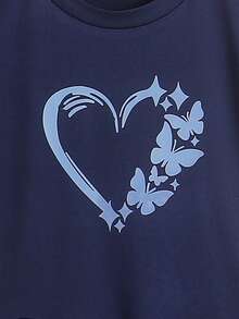Vestido casual de niña con cuello redondo, manga corta, estampado de corazones y mariposas, y dobladillo irregular con volantes, para primavera/verano - Azul Marino - Ver 8