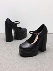 Women's Mary Jane Platform Chunky High Heels Pumps  Square Toe Solid Color Weddings Banquets Fashionable Y2K Shoes - màu đen - Xem 6