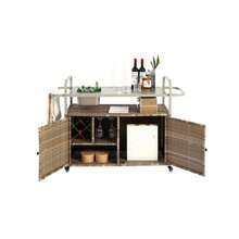 Mesa de bar para exterior, carrito de bar de mimbre con gabinete, carrito de servicio para patio con cubierta de acero, con una hielera, ruedas bloqueables, canasta lateral para jardín, piscina y patio trasero, beige - Caqui - Ver 6