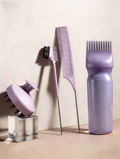 5 pièces/set Bouteilles applicatrices de racine (avec brosse), bouteille applicatrice d'huile graduée, petit peigne, masseur de cuir chevelu, pince à cheveux noire, convient pour la teinture capillaire, l'huile de massage du cuir chevelu, l'application précise des racines, conçu pour les soins capillaires et la coloration maison