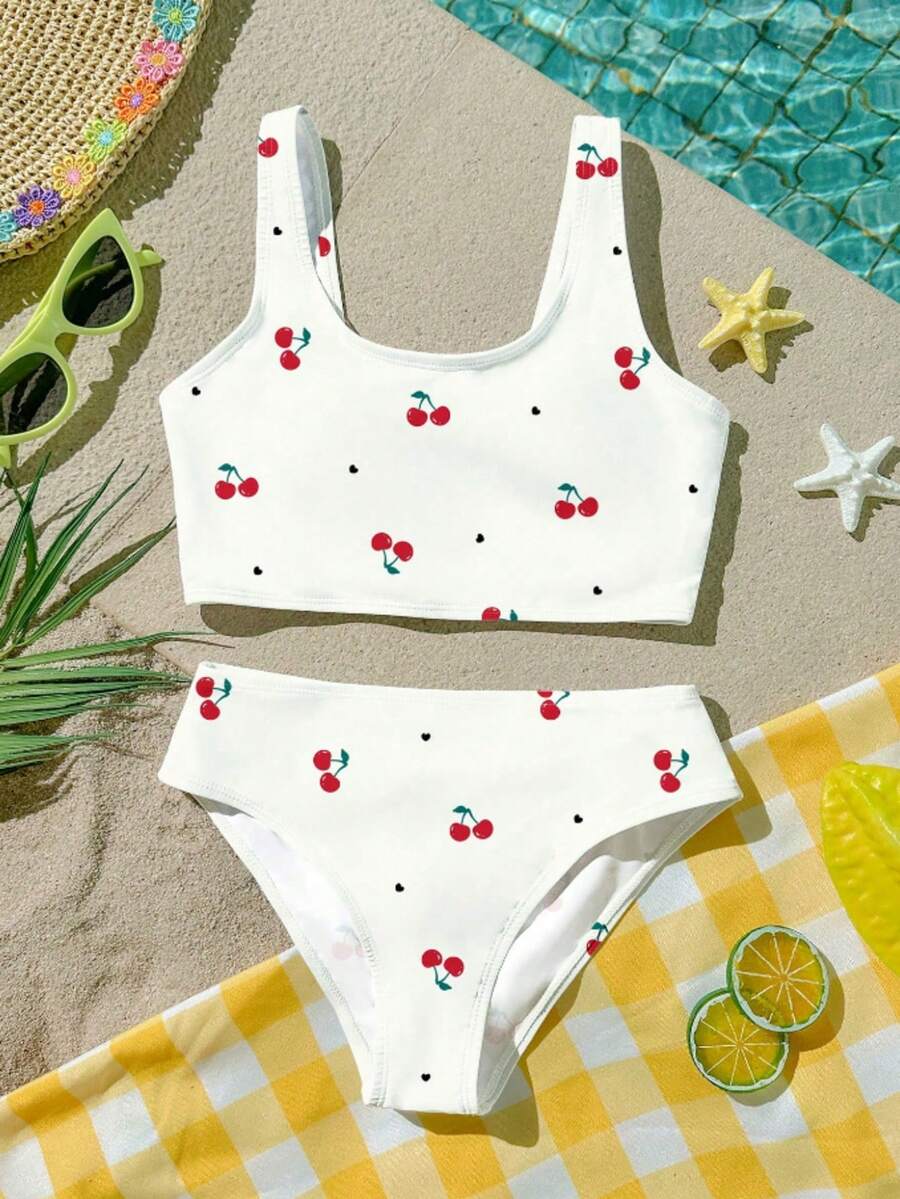 少女樱桃印花白色吊带泳衣套装 - 白色 - 查看 1