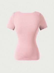 Casual Elegant Short Sleeve Crew Neck Top, Suitable For Daily Wear, Commuting, Going Out, Spring/Summer Pink - Pink - View 7