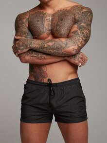 Summer Solid Color Drawstring Elastic Waist Black Short Inseam Quick Dry Men's Beach Shorts For World Cup Fans - 黑色 - 查看 1