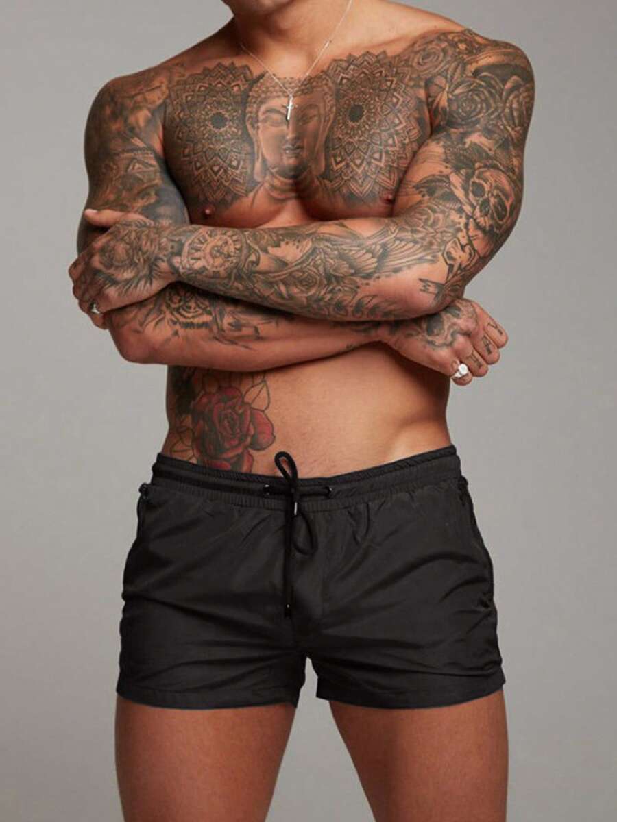 Summer Solid Color Drawstring Elastic Waist Black Short Inseam Quick Dry Men's Beach Shorts For World Cup Fans - 黑色 - 查看 1