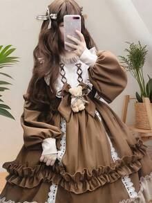 1 chiếc váy kiểu Lolita dễ thương, trang phục nữ sinh dịu dàng, phụ kiện cosplay, thích hợp cho lễ hội, tiệc tùng, biểu diễn, bao gồm váy + nơ cài cổ hình gấu bông mùa xuân - Nhiều màu - Xem 3
