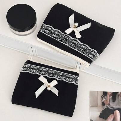 蕾丝蝴蝶结装饰收纳袋，大容量便携式口红化妆包，零钱包卡包