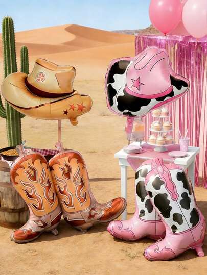 3/6 pièces Ballons thème western, incluant des ballons de bottes de cowboy marron, des ballons de chapeau de cowboy rose, convenant pour une fête d'anniversaire thème western, une fête de enterrement de vie de jeune fille/garçon, décoration de ferme, cowgirl, fête disco, fête de cowboy