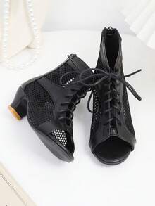 1 Pair Girls' High Heel Sandals, Mesh Hollow Vamp, Bowknot Criss-Cross Straps, Open Toe, Back Zipper Design, Suitable For Parties And Gatherings - Black - View 5