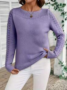 Women's Minimalist Hollow Out Knit Sweater, French Elegant Slim Fit For Commuting And Casual Layering - Purple - View 6