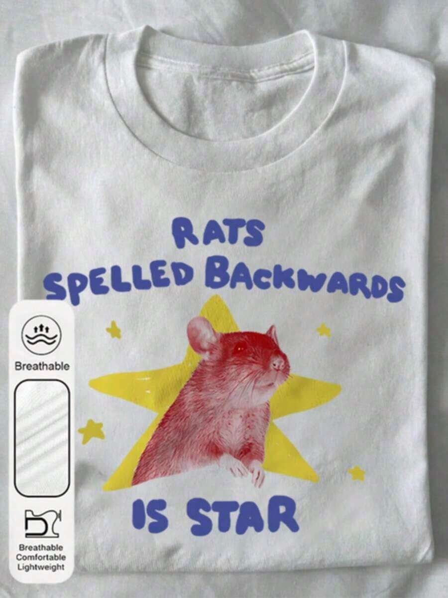 Women's Summer T-Shirt With A Simple, Casual Everyday Design Featuring A Mouse Print Resembling A Star. It Has A Crew Neck Style, Perfect For Summer. The Design Includes A Fun Animal Print And The Image Of A Little Mouse Emerging From A Star. - trắng - Xem 1
