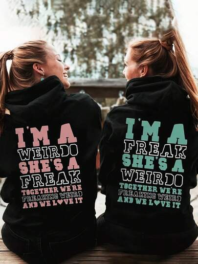 Couple Matching Graphic Hoodies, "I'm A Weirdo She's A Freak" Print Pullover Sweatshirt, Unisex Long Sleeve Hoodie For Best Friends, Casual Daily Wear, Outdoor Activities, Date Nights, Travel And Valentine Season Gift