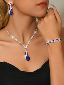 Luxury Sapphire Heart Crystal Necklace Earrings Bracelet Ring Set For Women Gala & Red Carpet Bold Accessories - Blue - View 6