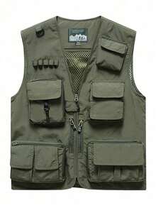 男士户外多功能背心 - 多口袋战术钓鱼徒步旅行无袖夹克，加大码轻便摄影背心，休闲夏季多口袋网眼背心 - 軍綠色 - 查看 1