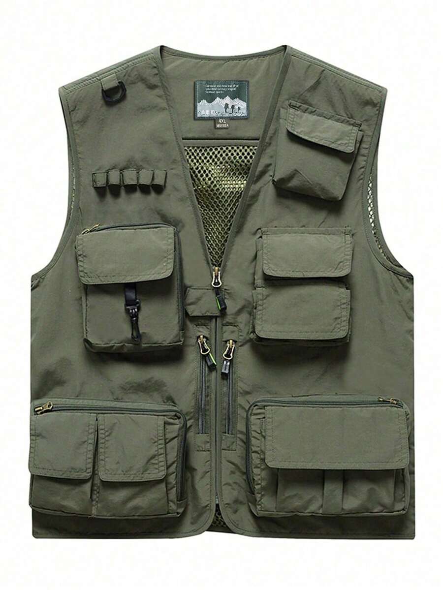男士户外多功能背心 - 多口袋战术钓鱼徒步旅行无袖夹克，加大码轻便摄影背心，休闲夏季多口袋网眼背心 - 軍綠色 - 查看 1