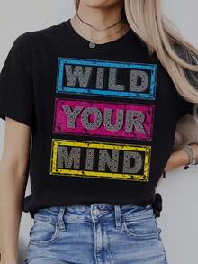 Women's Casual Crew Neck Short Sleeve T-Shirt Streetwear Creative Printed Patterns, Simple Design, Suitable  Top ForSummer & Spring,Sports And Fitness,It Is Also A Good Choice For Gifts To Relatives And Friends - 黑色5 - 查看 2