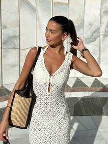 Women's Solid Color V-Neck Hollow Crochet Knit Maxi Dress, Sleeveless Backless Elegant Beach Vacation Dress, Spring/Summer White - White - View 3
