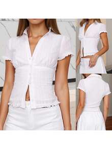 Womens Button Down Shirt - Slim Fit Ruffled Trim V Neck Short Sleeve Blouse For Summer Casual - 白色 - 查看 5