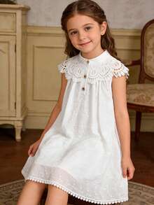 4-7岁女童连衣裙，甜美蕾丝边立领刺绣半开襟A字裙，适合春夏休闲穿着、派对、生日等场合 - 白色 - 查看 1