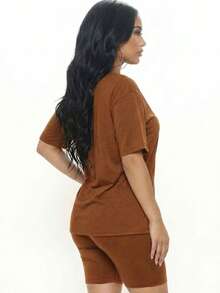 2pcs Loose Fit Top & Biker Shorts Set For Women, Solid Color Round Neck Machine Washable Comfy Basic Loungewear Sets For Summer Spring Fall - 布朗市中心 - 查看 2