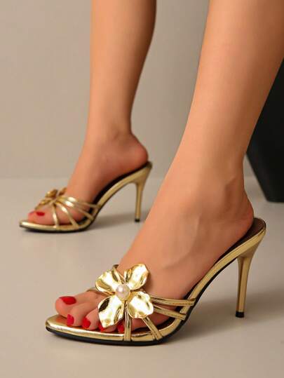 1 Pair Solid Color Basic PU Leather Flower Decor Women's High Heel Sandals, Office & Party Wear, Spring/Summer