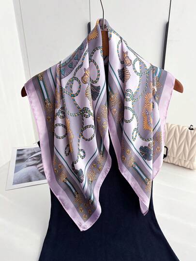 1pc Fashionable Colorful Geometric Retro Pattern Casual Faux Silk Printed Scarf, Versatile For Women To Wear At Work, Outdoor, Dates
