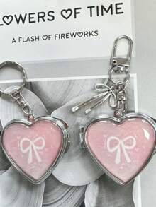 1pc Pink Heart-Shaped Double-Sided Folding Compact Mirror Makeup Bag With Metal Keychain - Multicolor - View 5