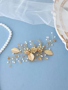 1pc Gold Tone Alloy Flower & Faux Pearl Elegant Lady Hair Comb, Bridal Wedding Headpiece - Gold - View 2
