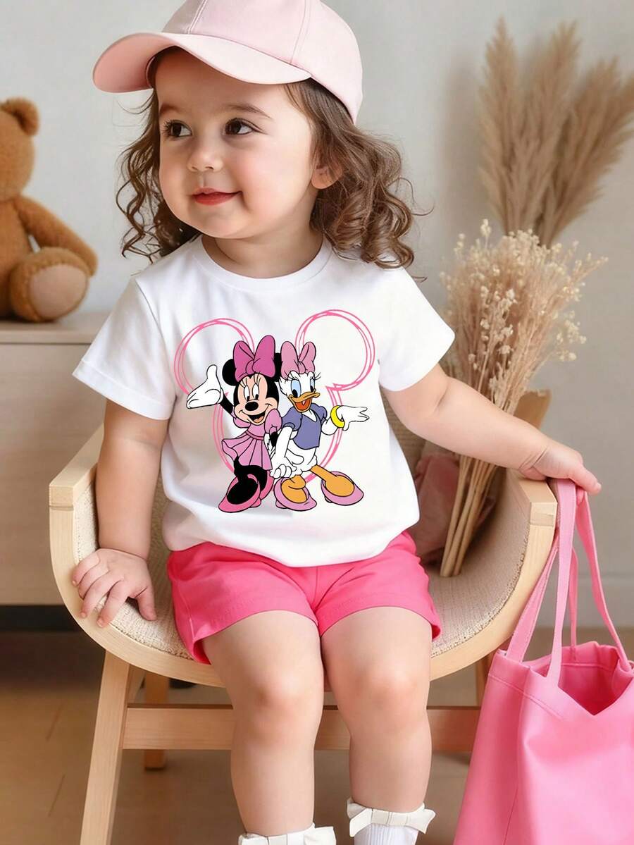 Disney-Girls' Summer Pure Cotton Short Sleeved T-Shirt, Minnie Daisy Cartoon Print, Baby's Stylish Versatile Top, Children's Comfortable And Breathable Summer Outfit - 白色 - 查看 1