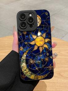 1件太陽月亮星星復古神秘印花黑色啞光UV彩繪平面印花TPU手機殼，波希米亞風．中世紀塔羅．占星復古風格，鏡頭保護細節設計手機殼，相容手機殼與Galaxy手機殼，相容 11/17/17 Pro/17 Pro Max/Galaxy手機殼，快速出貨，適合母親節、情人節、生日、復活節、春季、開學季、暑假禮物及日常使用 #SunMoonStarCase #BohemianRetroCase #MysticalAstrologyCase - 黑色 - 查看 5