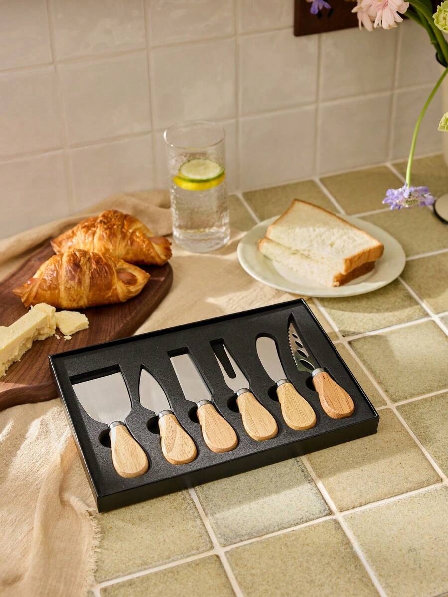 Cirelle 奶酪刀套装，木柄黄油涂抹器套装，适用于奶酪、冷黄油、果酱、蛋糕等厨房日常使用的黄油刀，婚礼和圣诞礼盒 - 黃色 - 查看 1