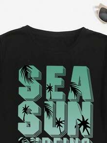 Tween Boys Round Neck Short Sleeve Casual Letter Print T-Shirt & Drawstring Waist Shorts, Summer - Green - View 3