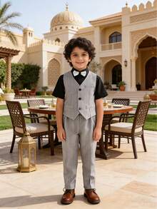 Young Boy Solid Color Single-Breasted Vest, Long Pants And Bow Tie Set Suitable For Performance, Host, Flower Boy And Other Occasions - Grey - View 6