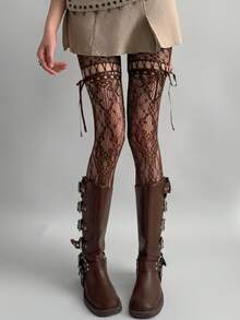 1pc Black & White Lace-Up Bow Fishnet Hollow Pantyhose, Y2K Style Purple Mesh Tights - Brown - View 9