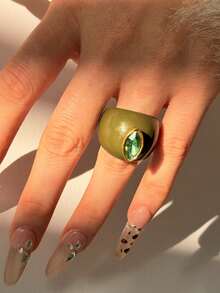 Set de 4 anillos de resina con diseño geométrico de moda, diseño minimalista único con rhinestones en negro, rojo, verde y blanco, adecuado para uso diario, festivales y fiestas - Multicolor - Ver 5