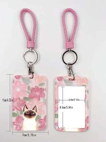 1pc ABS Pink Rope Headband Cat Pattern Keychain Pendant, Bag Charm, ID Card/Bus Card/Card Holder, Suitable For All Seasons Daily Use - Rectangle - View 5