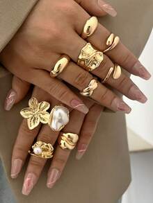 14/12/3件套不对称造型仿珍珠花朵戒指，几何造型，流光溢彩，圆形镂空，多层金属纹理，超大款，粗犷时尚，优雅复古，适合节日、派对、约会、送礼、日常佩戴 - 金黃色 - 查看 11