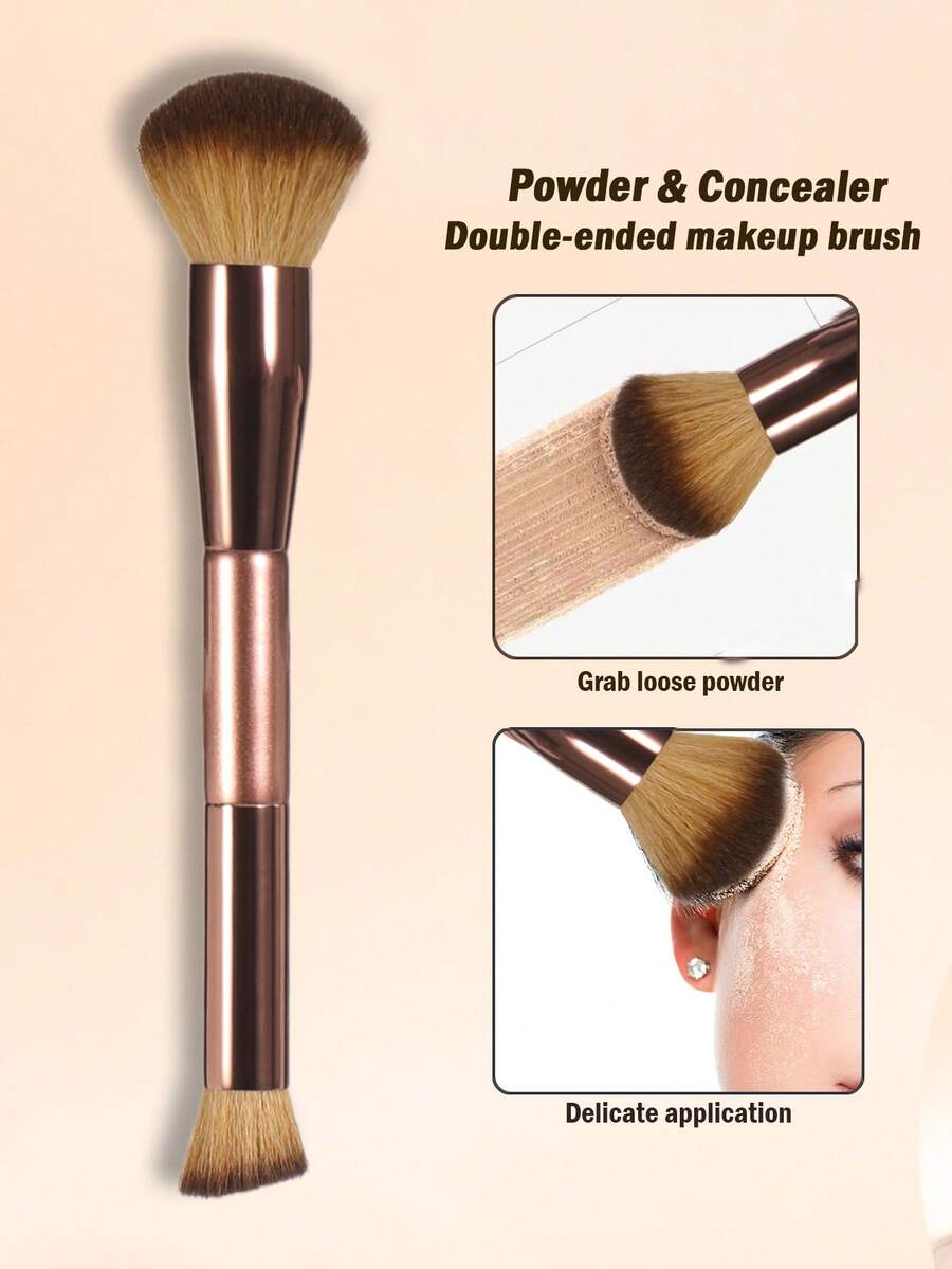 1pc Double Head Makeup Brush, Basic Brush, Big Head Foundation Make-Up Brush, Small Head Concealer Brush, Can Also Smudge Eye Shadow, Multifunctional Makeup Tool, Necessary Makeup Tool For Travel - Mocha Brown - View 1