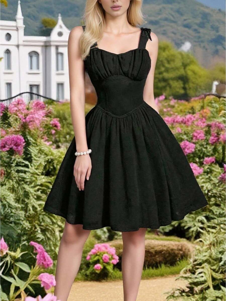 Women's Summer Ruched Corset Dress Sleeveless Spaghetti Strap Sundress Solid Color Tie-Up Mini Party Dress For Vacation Cocktail Streetwear - màu đen - Xem 1