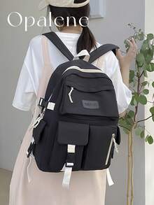 Fashion Solid Color Backpack For Women, Casual Large Capacity Knapsack, Fashion Simple College Student School Bag, Casual Daypack, Waterproof Bookbag, Travel Backpack Suitable For Daily, School And Outing Use, Travel Essentials, School Supplies, Travel Accessories - 彩色 - 查看 2