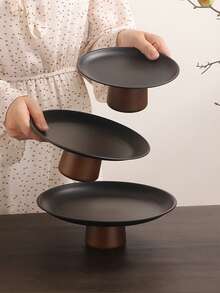 1pc Stainless Steel Tray Stand With Wooden Base, Dessert & Candy Display Plate, Multipurpose Fruit Tray, Suitable For Dining Table Decor, Home And Kitchen Serving Platter, Ideal For Eid - Black - View 7