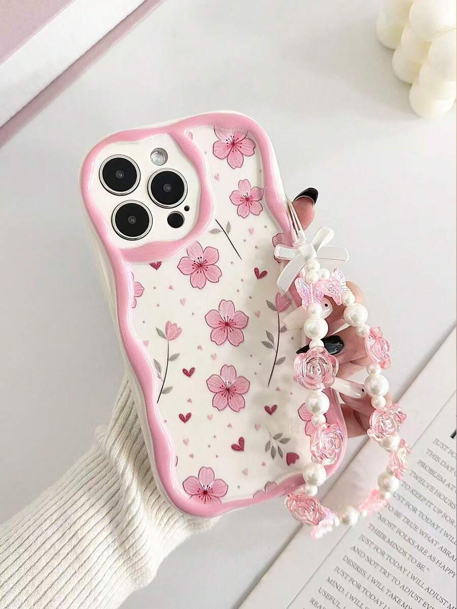 彩色奶油色波浪花卉印花保护手机壳，配手工串珠手链配件，兼容 16/11/16pro/16plus/16promax/16e/15Promax/13/14/12/XS/XR/7G/8P、Galaxy 等机型。 - 彩色 - 查看 1