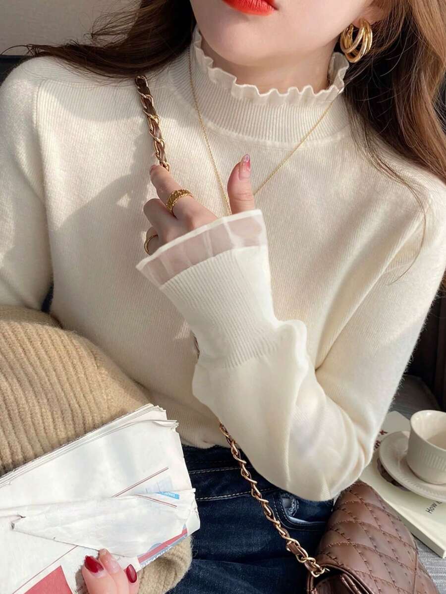 女士荷叶边高领毛衣，秋冬季 - 白色 - 查看 1