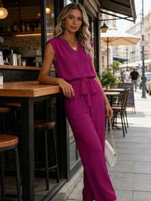 Summer Fashion Women's Suit With Breathable V-Neck, Simple And Elegant For Daily Work, Vacation Or Date. - Màu Hồng Tươi - Xem 2