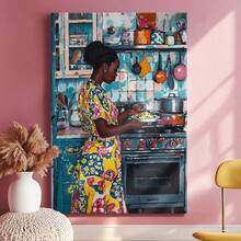1 pieza Decoración México, Cuadro de madera, Póster vintage, Mujer cocinando, Escena de cocina, Actividad doméstica - Moderno, Pintura realista, Arte texturizado, Estilo detallado, Decoración de fiesta, para sala, recámara, oficina, incluye accesorios - Lienzo enmarcado, Vertical - Lienzo enmarcado - Ver 2
