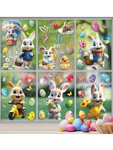 9pcs Double-Sided Happy Easter Window Decor Sticker Set - Rabbit, Eggs And Chick Stickers For Windows And Refrigerators, Ideal For Home And Office Easter Decoration - Multicolor - View 8
